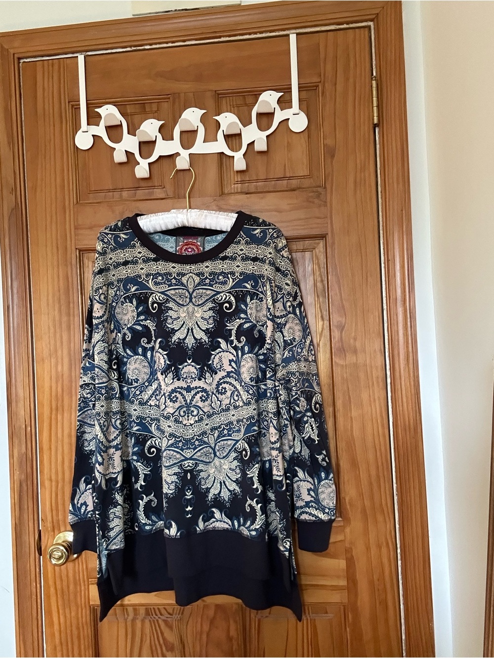 Johnny Was Navy Paisley-Print Crewneck Sweater with side slits and Longer back